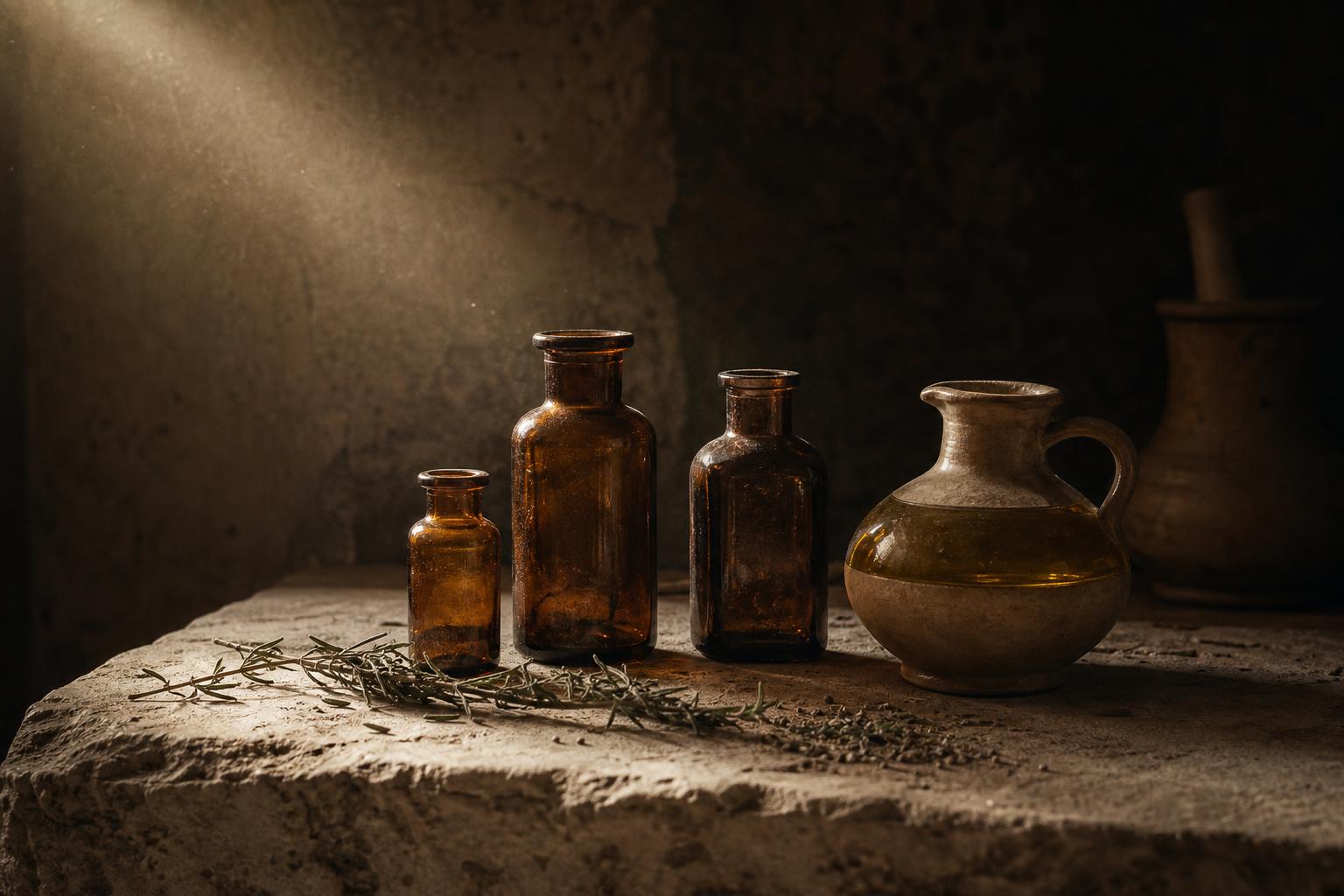 Amber apothecary bottles and a small earthenware cruet of olive oil on weathered stone, lit by raking morning light.